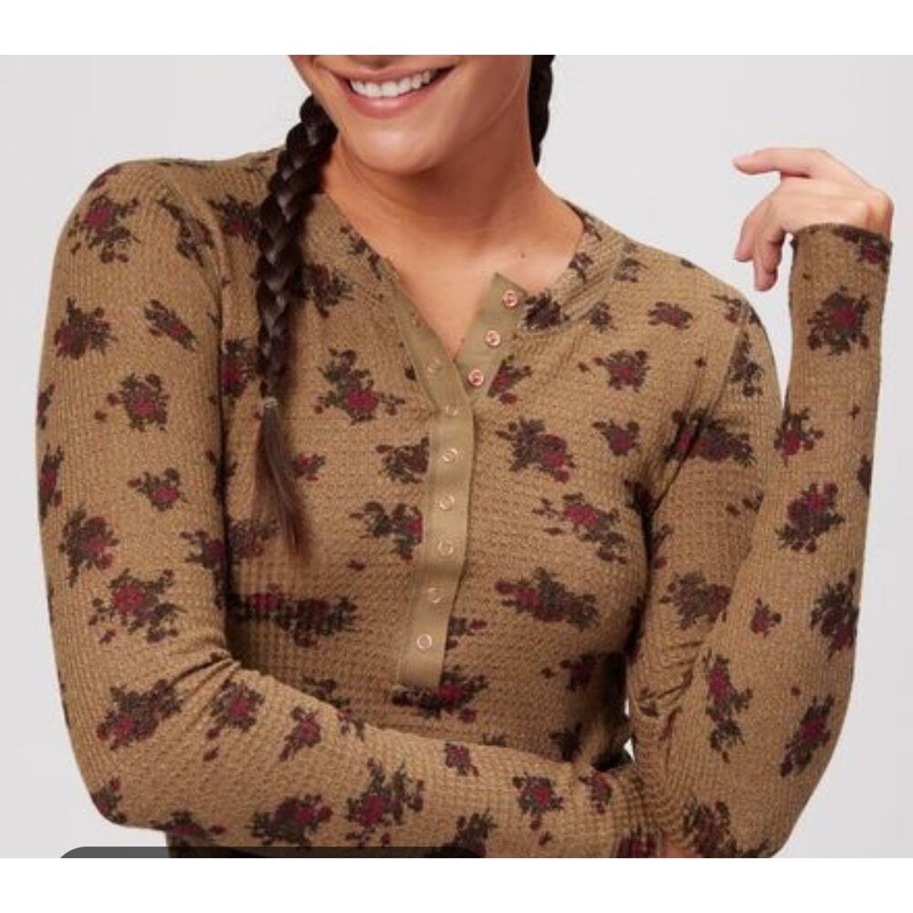 Free People One Of The Girls Floral Thermal Henley Top Brown Size Small EUC